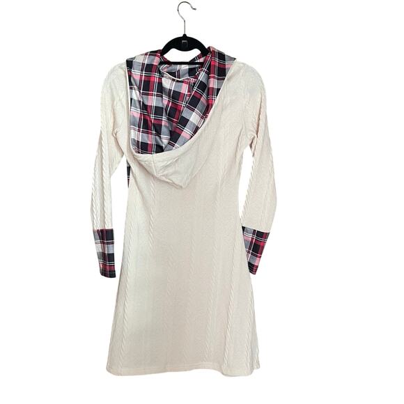 Womens M Cable Knit Hooded Dress Plaid Print Long Sleeve Mock Button - Picture 3 of 13